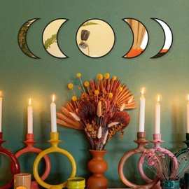 Wall Decor Moon Phase Mirror Set, 5 Piece Scandinavian Natural Acrylic Wall Decorative Bohemian Home Decor Mirror for Living Room Bedroom Apartment Flat