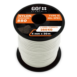 GO!elements 30 m Paracord Rope Made of Tear-Resistant Nylon Cord - 4 mm Paracord 550 Type III Cord - All-Purpose Rope and Cord - Max. 250 kg, Colour: White