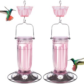 Kingsyard 2 Pack Glass Hummingbird Feeder for Outdoors, 16 Oz Wild Bird Feeder with 6 Feeding Ports Hanging for Garden Yard, Pink (Ant Moat Included)