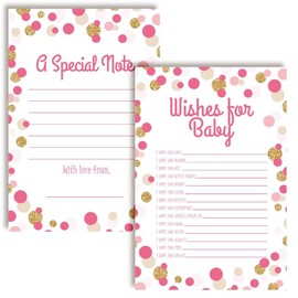 Amanda Creation Polka Dot Pink and Gold Girl Baby Wishes Cards 20, 4"x6" - Great Keepsake and Fun Activity for Baby Showers - Wishes for Baby Keepsakes Last Generations - Fill-In, Double-Sided Cards