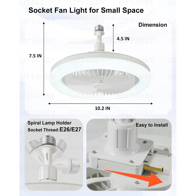 Socket Fan Light with Remote Control, 3 Colors 3000K-6500K Dimmable