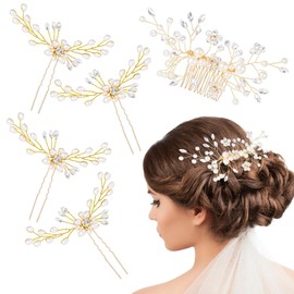 5 Pieces Wedding Hair Comb,Bridal Flower Side Hair Clips,Gold Bride Hair Accessory,Pearl Crystal Rhinestone Wedding Hair Comb And Hair Pins for Brides Bridesmaids Women