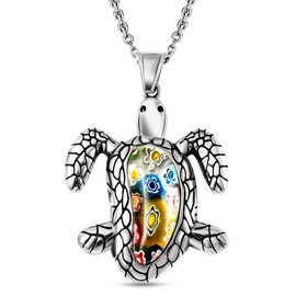 SHOP LC DELIVERING JOY Turtle Necklace for Women Multicolor Murano Style Millefiori Glass Black Oxidized Stainless Steel 20" Birthday for Women