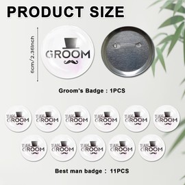 Set of 12 Stag Party Button Men's Badge Team Groom Brooch Accessories for Party Decoration in Black and Silver