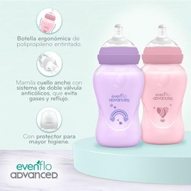 Evenflo Advanced Biberones Anticólicos Cuello Ancho, Rosa y Lila, Flujo Medio, 270ml, Silicón Libre de BPA, Sistema Doble Válvula, 2 Piezas