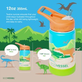 EcoVessel Insulated Stainless Steel Kids Bottle - Frost,  Dinosaur, 12oz