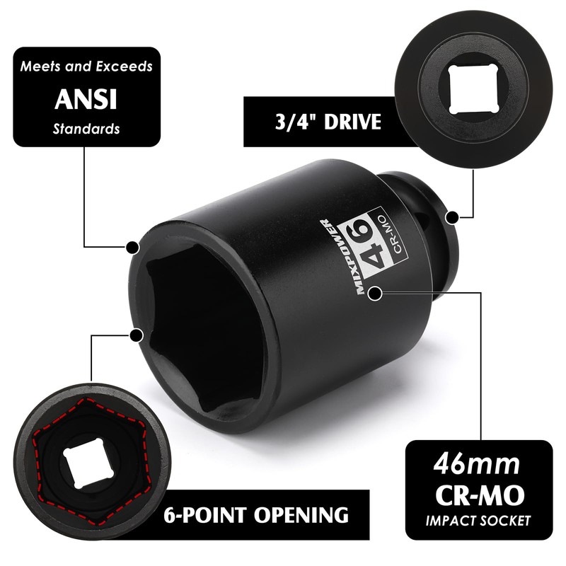MIXPOWER 3/4" Drive Deep Impact Socket, 46mm, CR-MO, Metric, 6