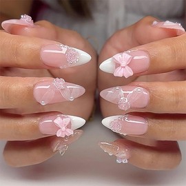 24 Pcs Pink Press on Nails Short Almond 3D Bow Texture Design -ZIFANHU Spring Fake Nails Press ons Acrylic Nail Art Kit White French Tip Full Cover Pearl False Nails Glue on Nails for Women