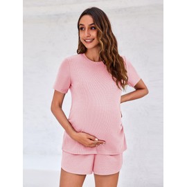 Onedreamer Womens Maternity Sets Summer Short Sleeve Shirts and Shorts Two Piece Pajama Lounge Set Trendy Mama Clothes Pink
