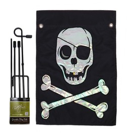 Jolly Roger Garden Flag Stand Kit Wall Hanging Decor for Home Stake Patio Post Embroidered Pirate Decorations Welcome Yard Sign Applique Tapestry Sewing Handcraft Gifts for Grandma