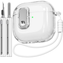 (with Safety Lock) Compatible with AirPods 4 Case with Cleaner Kit,Clear Soft TPU Transparent AirPods 4th Generation Case,Full Protection Cover with Lanyard for AirPods 4 Gen (2024) (USB-C)-White