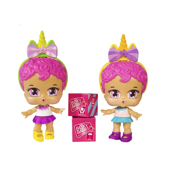 Boxy Babies Twins Set Collectible Fashion Toys - Pink Hair Baby Girls Tini and Tink Dolls with Unicorn Horn Headband Accessory - 2 Unboxing Boxes Included with Surprise Clothes and Accessories Inside