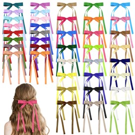 40 PCS Bow Hair Clips Bulk - 40 Multicolor Long Ribbon Hair Barrettes with Metal Clip, Multicolor Hair Accessories with Bowknot, Christmas Thanksgiving Present for Women