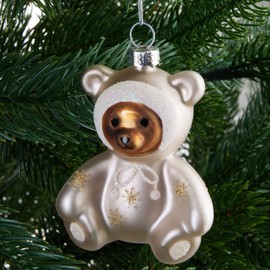 BRUBAKER Teddy Bear Baby in Romper Silver Glitter Glass Christmas Bauble - Hand Painted and Mouth-Blown - Teddy Christmas Tree Decoration Funny - Christmas Decoration Figure Pendant - Decorative Tree