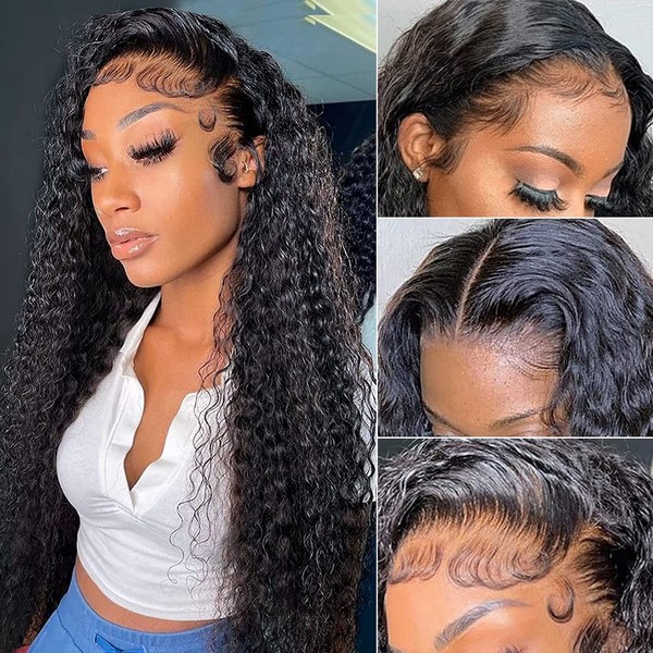 Wingirl 13x4 HD Deep Wave Lace Front Wigs Human Hair Pre Plucked with Baby Hair Transparent 180 Density Glueless Lace Frontal Human Hair Wigs for Black Women Natural Black Color(24Inch)