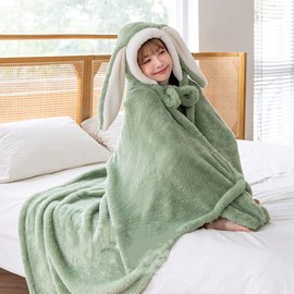 Cute Bunny Ear Wearable Hooded Blanket with Hand Gloves for Women Girls 59inch Length Warm Cozy Plush Flannel Hoodie Poncho Throw Cloak Wrap Cape Fluffy Couch Sofa Bed Fleece Blanket Christmas Gifts