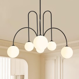 Ecoillumix Modern Black Chandelier, 6 Light Mid Century Sputnik Chandeliers, Dining Room Chandeliers with Milk Glass Globe Shade, Globe Chandelier for Dining Room, Living Room, Bedroom, Foyer,Kitchen