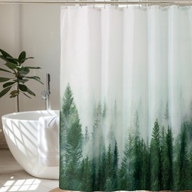 ORTIGIA Green Misty Forest Heavy Duty Shower Curtain for Bathroom, Nature Woodland Shower Curtain Set with Hooks, Upgraded Fabric Decorative Pine Tree Fog Magic Bath Curtain for Home, 72x72