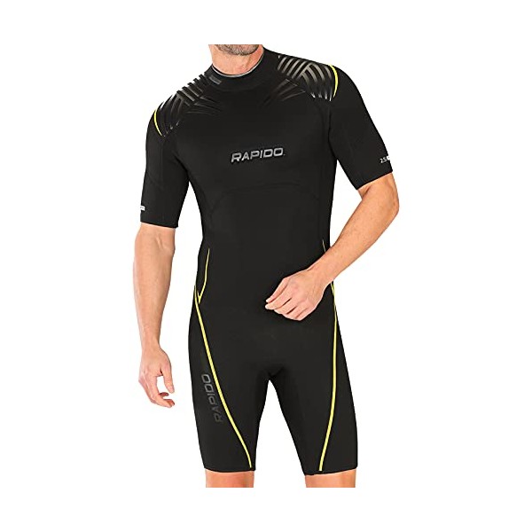 Rapido Boutique Collection Men's Equator Superior Flex Stretch Neoprene Wetsuit | Shorty Scuba Snorkeling Surf and Cold Water Wetsuit | Traje De Buceo para Hombre (Black Yellow, Small)