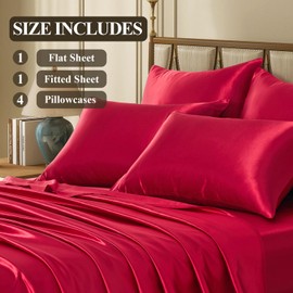 VCUSUELER Silk Like Satin Bed Sheets, 6-Piece Burgundy King Size Satin Sheets for Hair and Skin, Luxury Silky Bedding Set with Deep Pocket for Mattress (King, Burgundy)