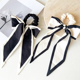 2PCS Knotted Bow Hair Scrunchies Elastic Scarf Black White Hair Ties with Bow Satin Scrunchies Bands Long Ribbon Scrunchy Ponytail Holder for Women and Girls