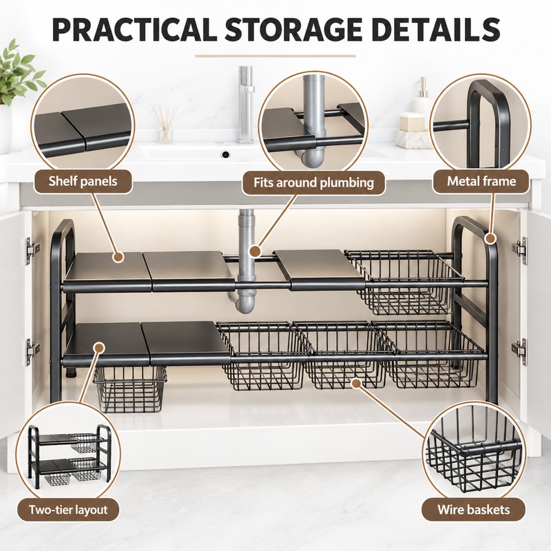 Expandable Under-Sink Organizer for Kitchen & Bathroom – Single-Tier 3-Panel