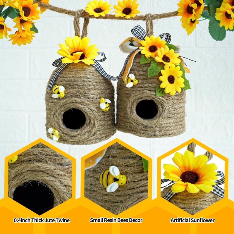 Bigger Bee Hive Decor,2 Pack Bumble Bee Rustic Decor Hive,Natural