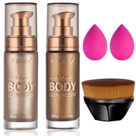 PHOERA Body Shimmer Oil, Body Bronzer Shimmer Oil,Body Glow Oil Shimmer Highlighter Luminizer Body Illuminator with Body Makup Bursh,Self Tanning Lotion,1oz/Jars (101+103/ Rose Gold+Glistening Bronze)