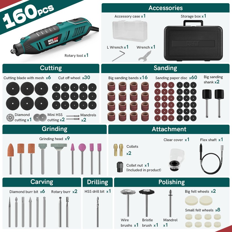 NEU MASTER 180W Rotary Tool Kit, Corded Power Rotary Tools