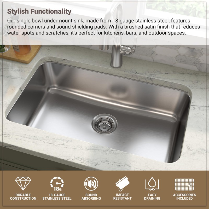 MSI 30 Inch Undermount Single Bowl 18 Gauge Stainless Steel