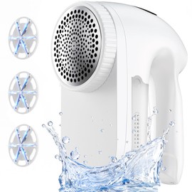 PKBD IPX6 Waterproof Washable Electric Fabric Shaver and Lint Remover, Rechargeable Sweater Defuzzer with 3 Free Extra Blades, Quickly and Effectively Remove Fluff, Fuzz, Bobbles for Clothes, White