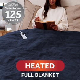 Sunbeam Royal Ultra Fleece Heated Electric Blanket Full Size, 84" x 72", 12 Heat Settings, 12-Hour Selectable Auto Shut-Off, Fast Heating, Machine Washable, Warm and Cozy, Indigo