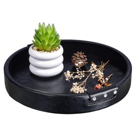 Round Serving Tray with Handles, Decorative Tray Coffee Table Tray Vegan Leather Large Serving Ottoman Trays for Living Room,Bedroom,Centerpiece Table Decorations 15 Inch (Black)