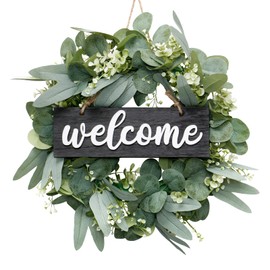 Dremisland Wreath for Front Door 18" Green Eucalyptus Wreath -Farmhouse Welcome Sign Festival Ornaments Home Decor | Ideal Spring & Summer Decorating for Home Front Door and Window Outdoor(Black)
