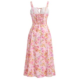 IBTOM CASTLE Corset Dress for Women Formal: Women's Summer Floral Spaghetti Strap Sleeveless Bustier Boho Long Flowy Slit Wedding Engagement Dresses Pink Floral XS