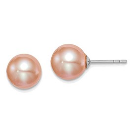 Solid Sterling Silver Rh-plated 8-9mm Pink Freshwater Cultured Round Pearl Stud Earrings