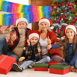 Rainbow Party Decorations 1 Wavy Metallic Tinsel Foil Fringe Table Skirt 1 Rainbow Tinsel Glitter Banner Pasteable Foil Fringe Tinsel Table Skirts for Christmas Birthday Wedding Carnival Pride Party