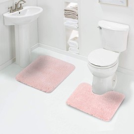 Walensee Shaggy 2 Piece Bath Rug Sets (Blush) 20 x 24 U Shape Contour Rug & 20 x 32 Bathroom Rug Machine Wash/Dry Bath Mats for Bathroom Plush Absorbent Bathroom Rugs and Mats Set Non Slip