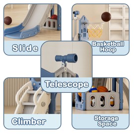 XJD 5 in 1 Toddler Slide, Kids Slide for Toddlers Age 1-3, Outdoor Indoor Playset for Toddlers with Basketball Hoop and Ball, Storage Space Christmas Birthday Gifts for Toddler (Blue)
