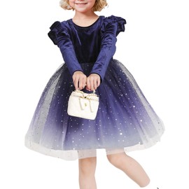 Hvididan Navy Blue Toddler Dress, Baby Velvet Tutu Dress 2T, Tulle Fall Winter Long Sleeve Ruffle Holiday Party Dress for Girls