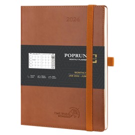 POPRUN Calendar 2024 2025 Monthly Planner 22 x 16.5 cm in English - 18 Month Monthly Calendar Softcover (Jan 2024 - Jun 2025) - 1 Month 4 Pages, 112 Pages, 100 GSM Paper, PU Leather - Brown