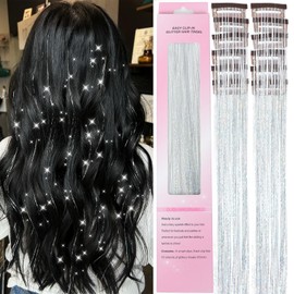 Clip in Hair Tinsel 12 Pcs Hair Tinsel Kit for Girls 22 Inch Glitter Fairy Tinsel Hair Extensions Colorful Heat Resistant Party Festival Hair Accessories for Women Kids(Silver)