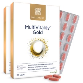 healthspan Healthspan Multivitamin Gold | A-Z Formulation | Wellbeing & Immune Support | Algal Source Vitamin D3 | Vitamins A, B, C, D, E & K | Calcium, Iron, Magnesium, Selenium & Zinc | Vegan (180 Tablets)