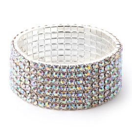Topwholesalejewel Silver Aurora Borealis Square Rhinestones 7 Strand Stretch Bracelet