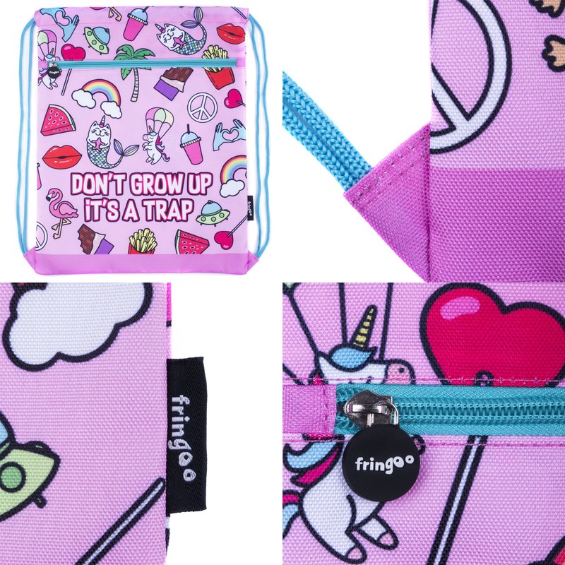 Fringoo - Kids Drawstring Bag - Front Zipped Pocket -
