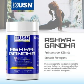USN Ashwagandha, KSM-66 Dietary Supplement, Premium Natural Stress Relief Supplement, Added Bioperine to Aid with Absorption, High Quality Daily Dietary Supplement - 60 Capsules