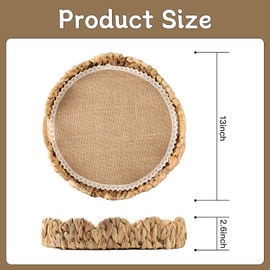 HANPINYUAN Round Basket Tray Water Hyacinth Scalloped Rattan Basket, Round Serving Tray with Handles,Coffee Table Tray with Linen Lining