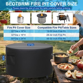 BEOTBRMI Outdoor Fire Pit Cover, All-Weather Resistance Round 32 Inch Fire Pit Cove for 28-32 inch Patio Fire Pit Table with Grill & Lid, Waterproof Tear & Fade Resistant with Drawstring, Air Vent