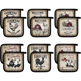 Bencailor 12 Pcs Pot Holders with Pocket Kitchen Hot Potholders Hot Pad Oven Mitts Cookie Bag Oven Gloves for Kitchen Gift Baking Cooking(Brown,Farmhouse Rooster)