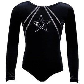 Gymnastics Leotard GymStar Long Sleeve Velour Velvet & Rhinestones Girls Gymnastics Leotard Velvet Body Kids Gymnastics, Velvet in black with silver